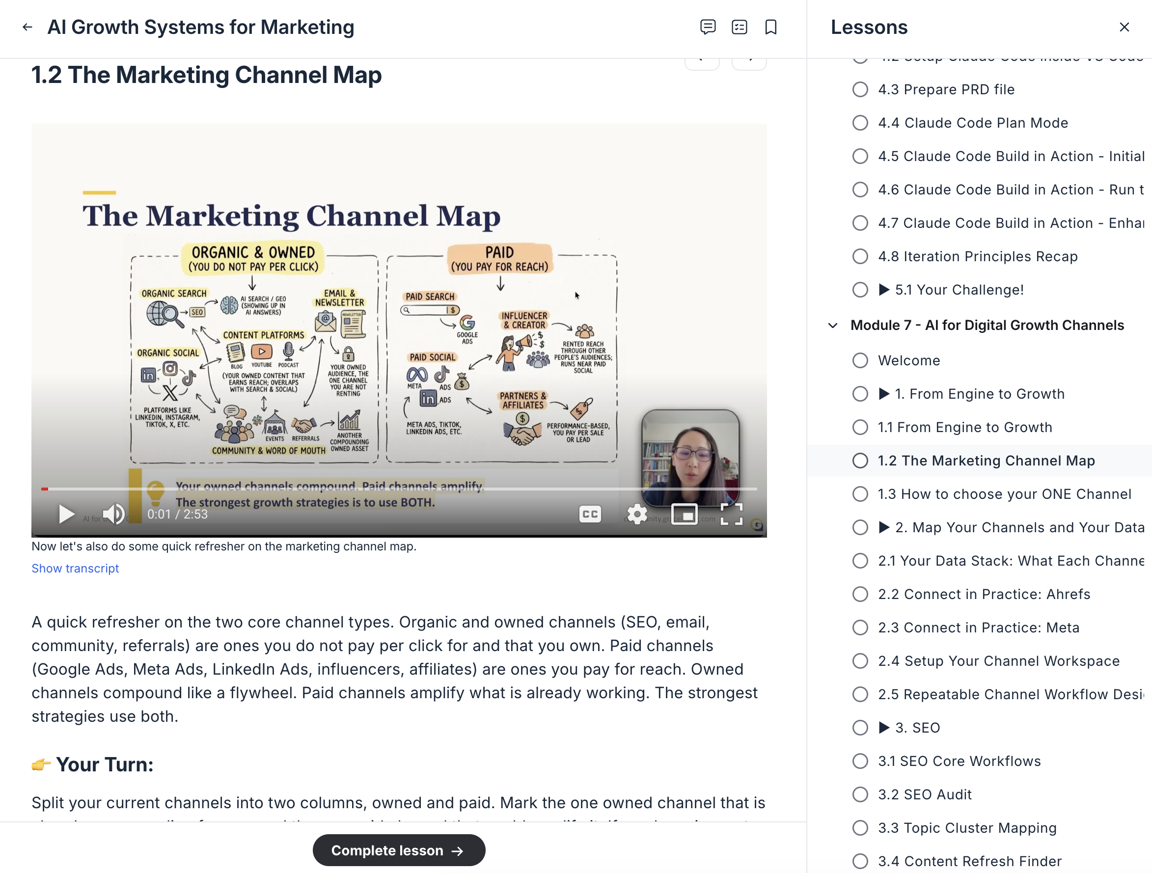 AI Growth System lesson showing the Marketing Channel Map and lesson navigation