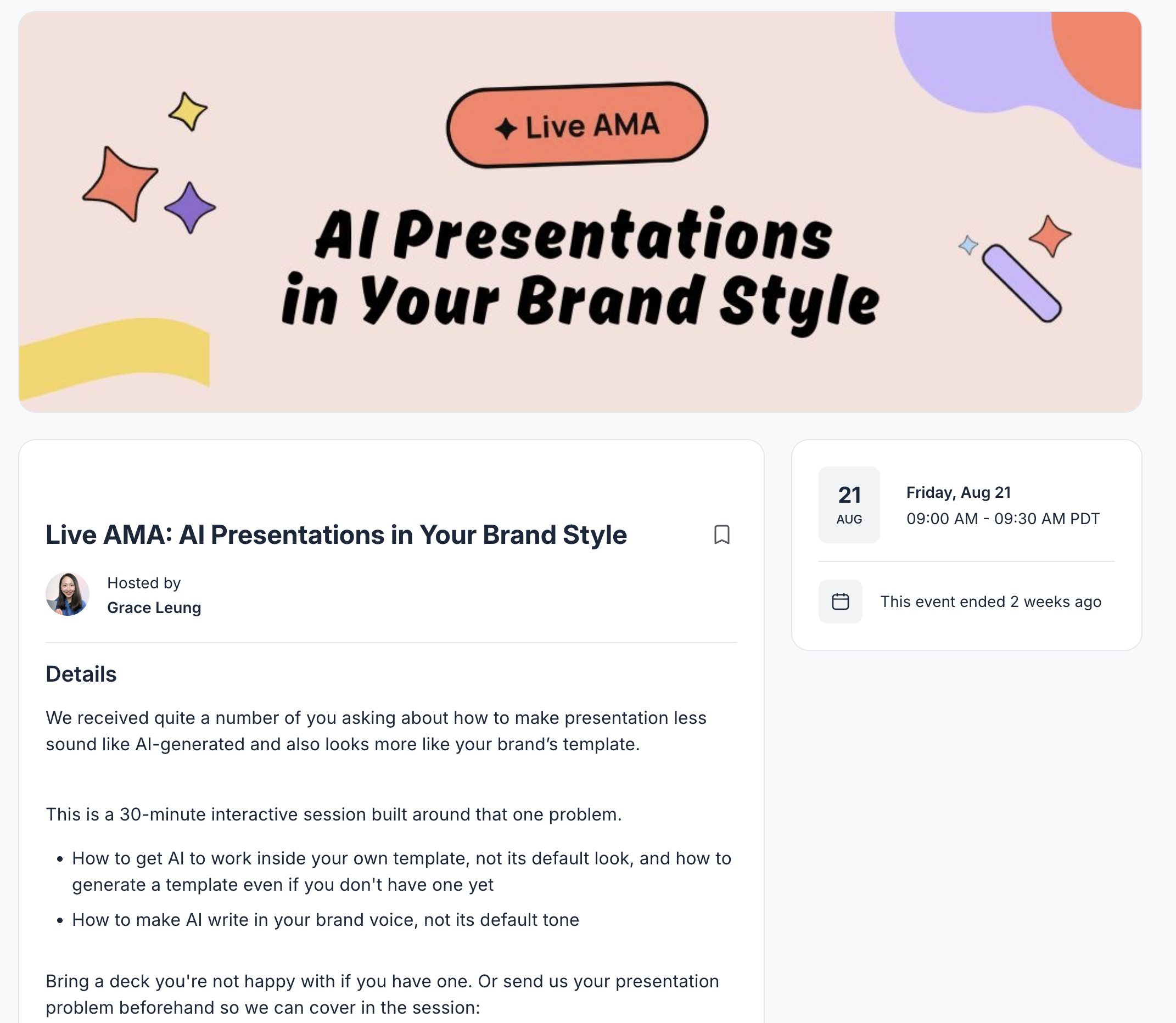 Event page for the AI Presentations in Your Brand Style live workshop