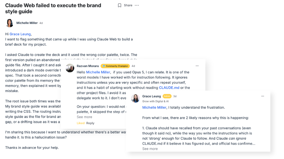 A member question with helpful replies from another member and Grace Leung