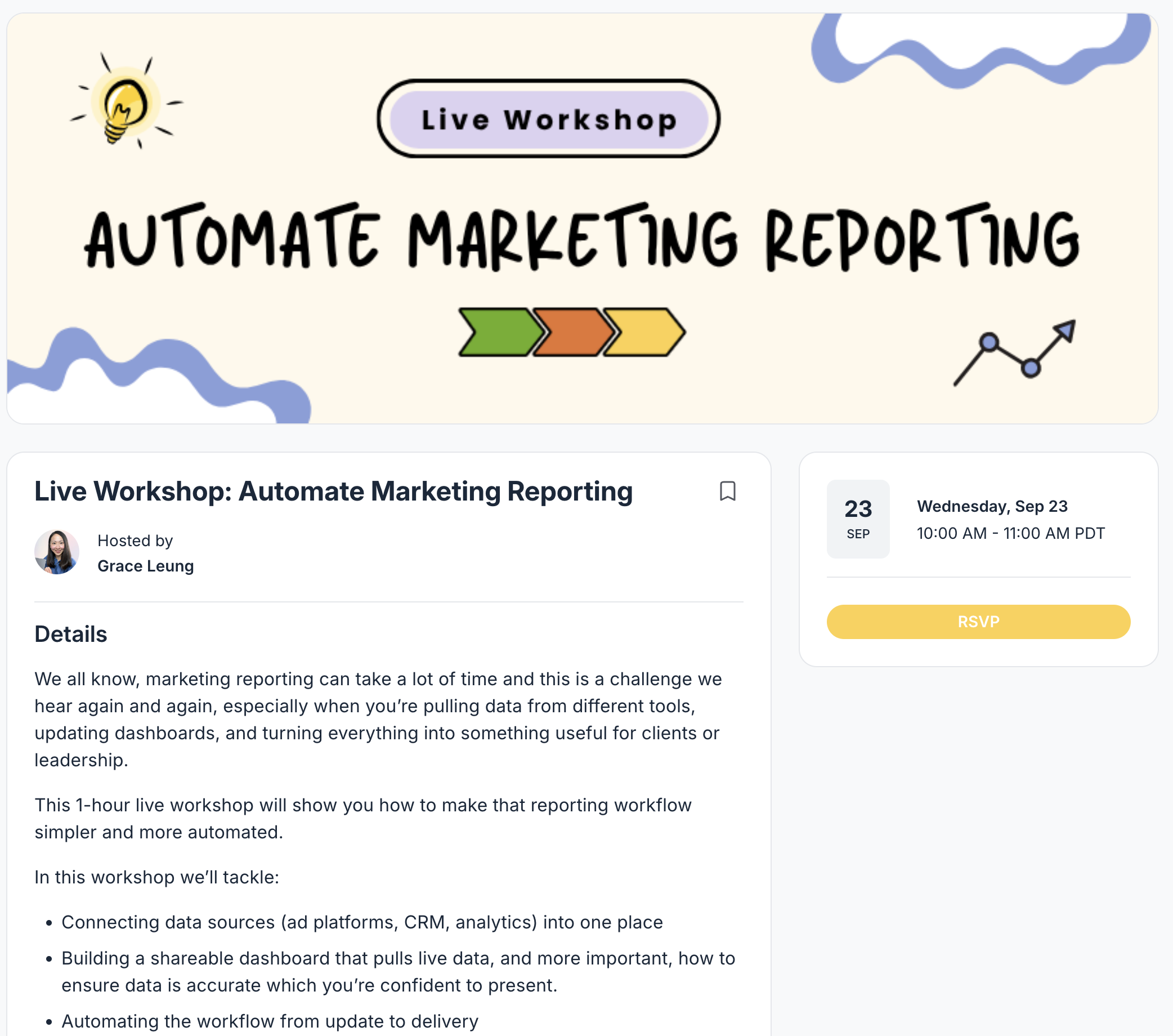 Event page for the Automate Marketing Reporting live workshop