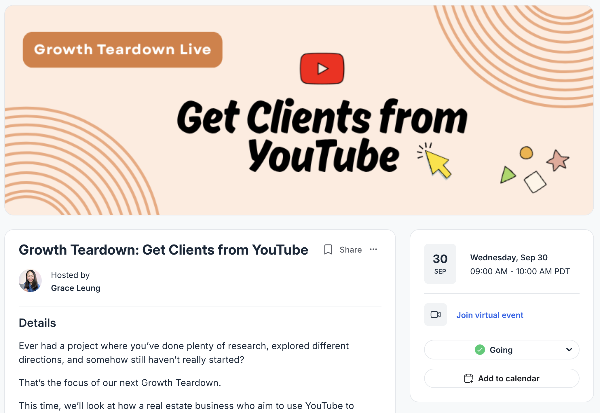 Event page for the Get Clients from YouTube growth teardown