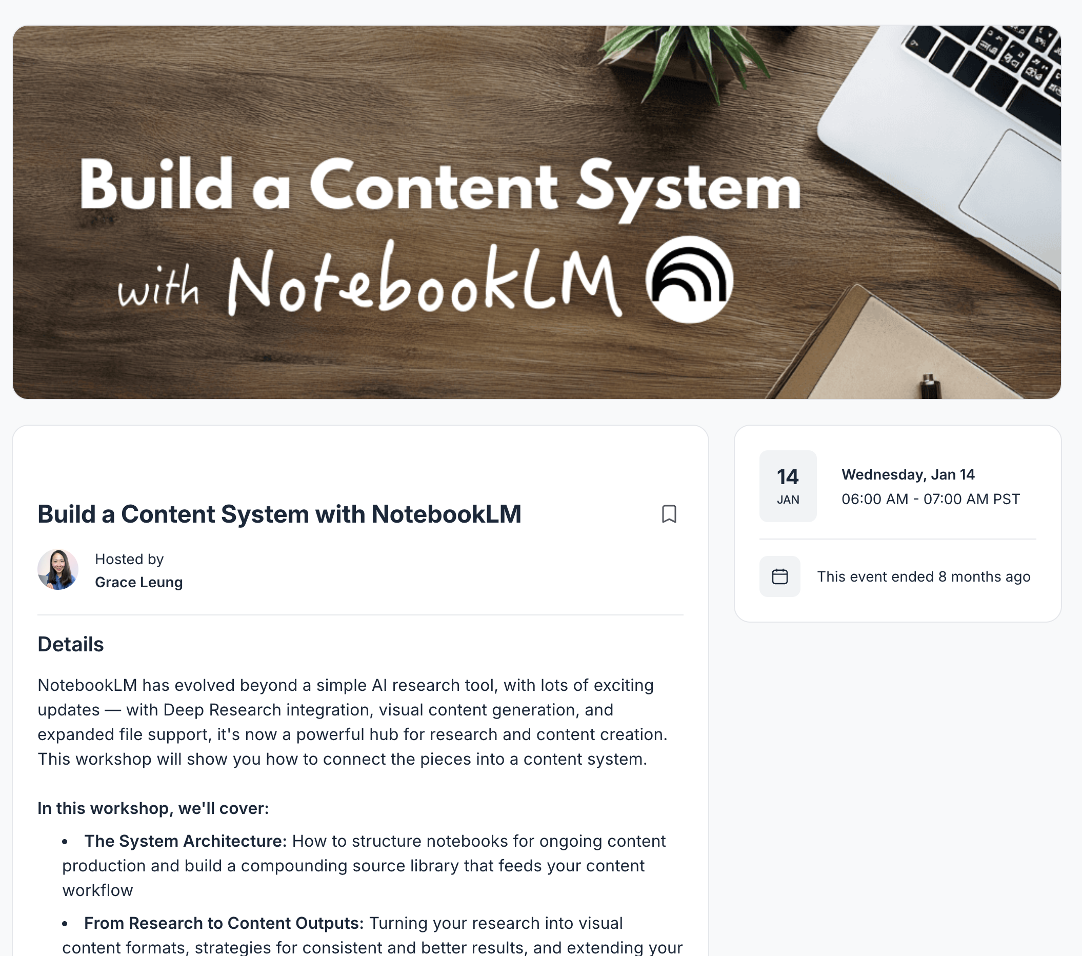 Event page for the Build a Content System with NotebookLM workshop